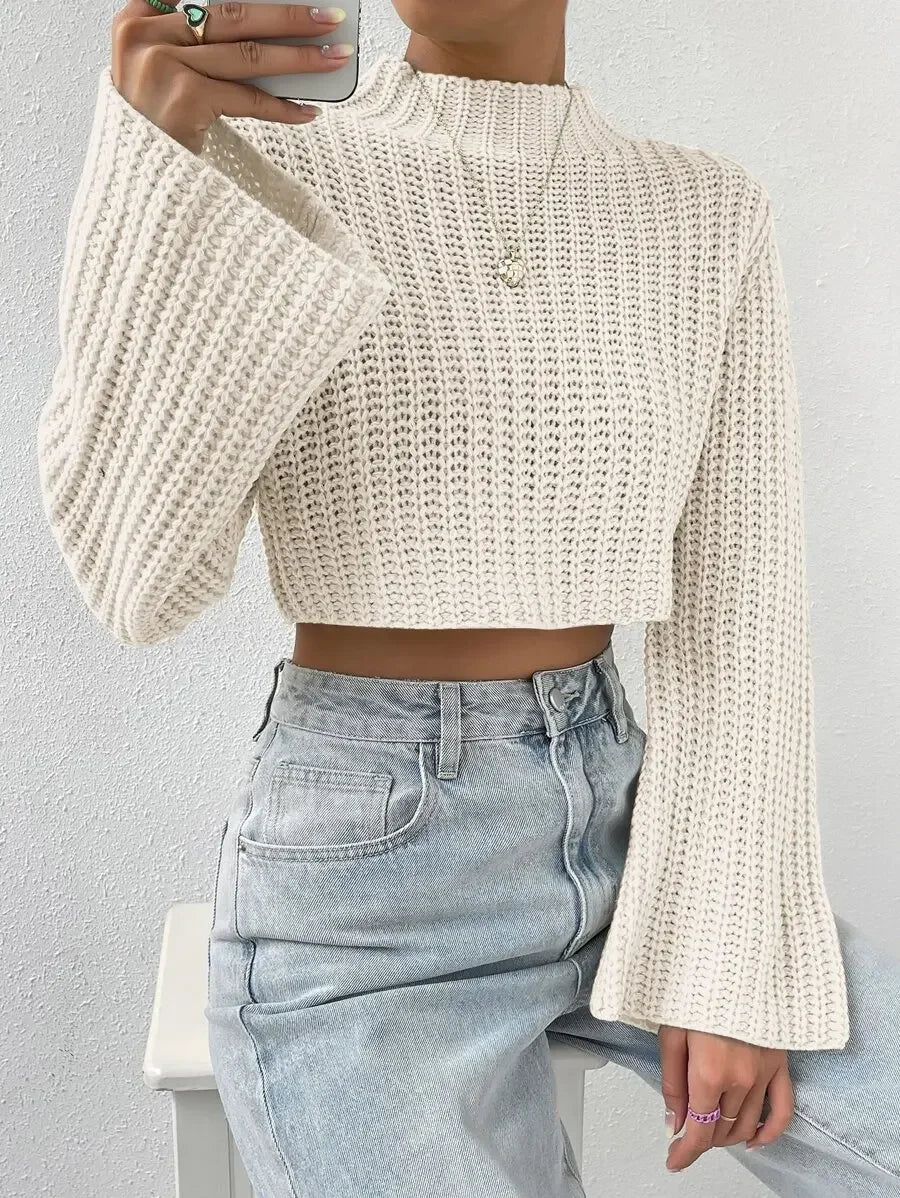 Women's Mock Neck Cropped Knit Sweater With Flared Sleeves