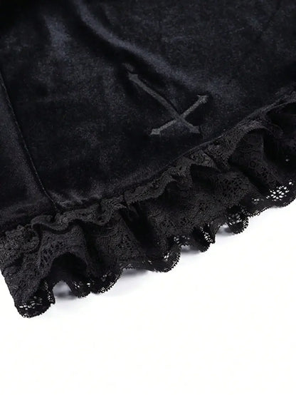 Velvet Lace Trim Mini Skirt Cross Detail Gothic Alternative Fashion Bottom