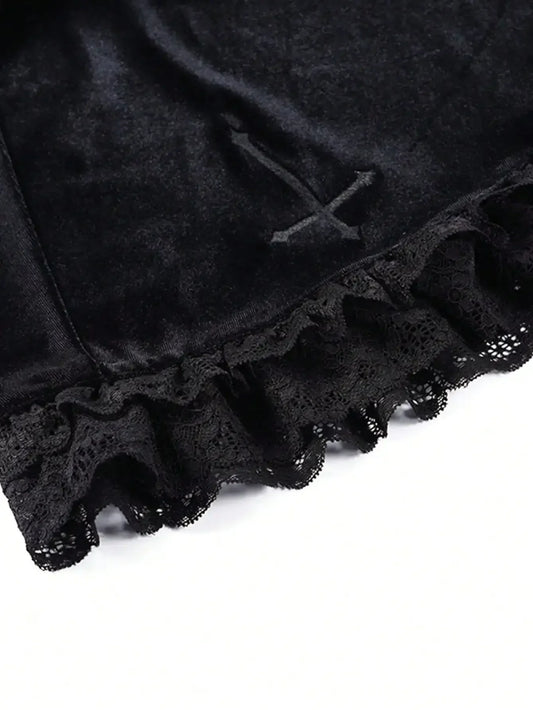 Velvet Lace Trim Mini Skirt Cross Detail Gothic Alternative Fashion Bottom