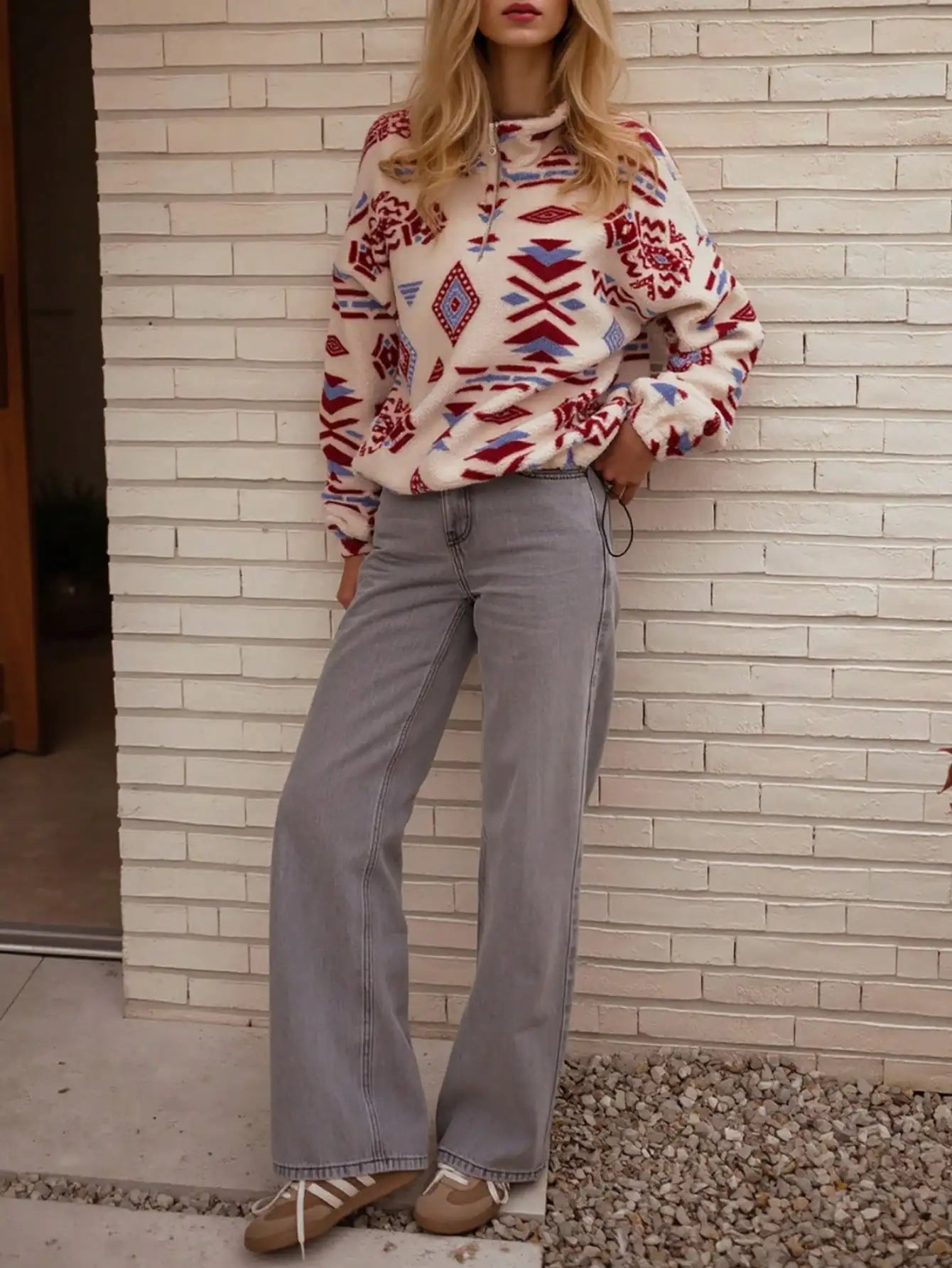 Women's Geometric Fleece Half-Zip Pullover with Relaxed Fit for Cozy Winter Style