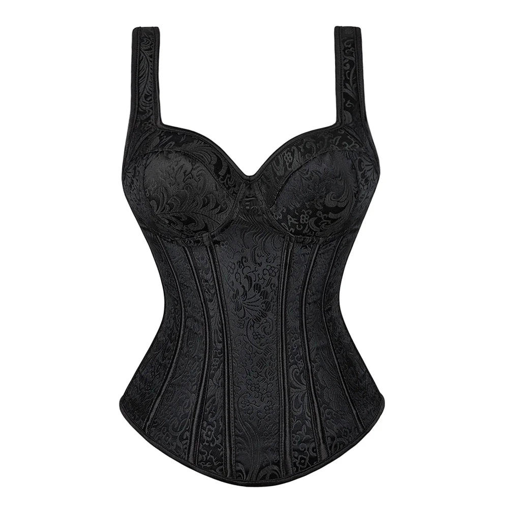 Vintage Floral Tapestry Overbust Corset with Wide Straps and Structured Seaming