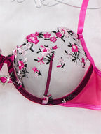 Vibrant Rose Pink Embroidered Mesh Underwire Bra and Thong Set