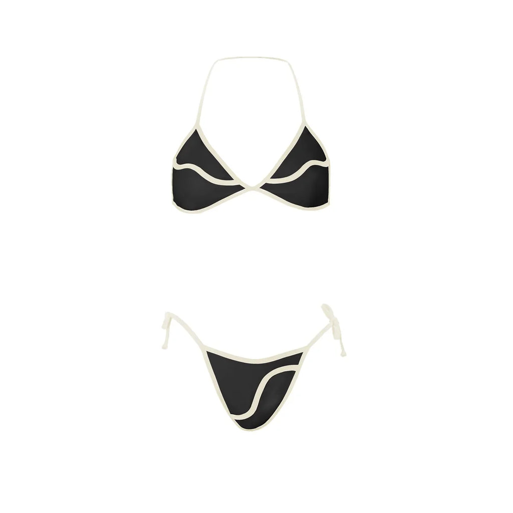 Cream and Black Contrast-Trim Triangle Bikini with Matching Maxi Skirt