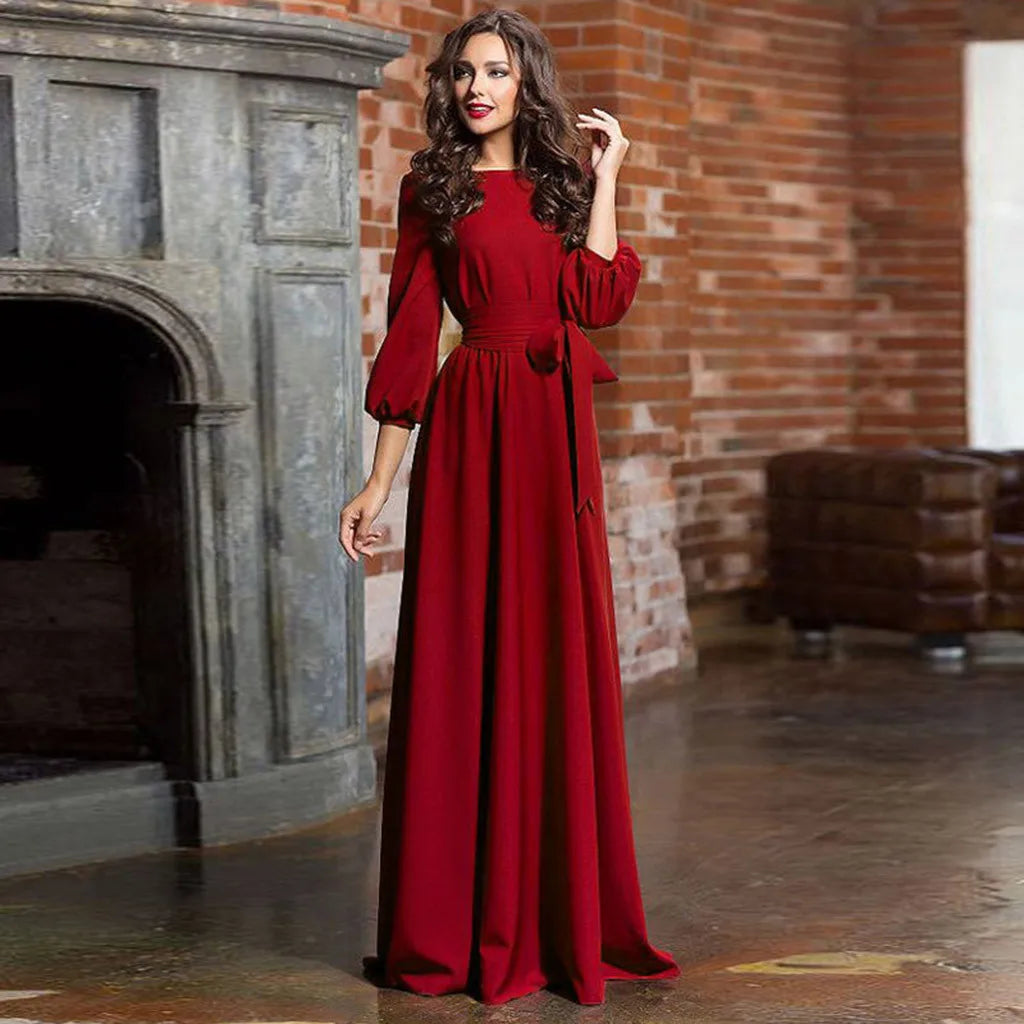 Long Sleeve A-Line Maxi Dress with Defined Waist and Flowing Silhouette