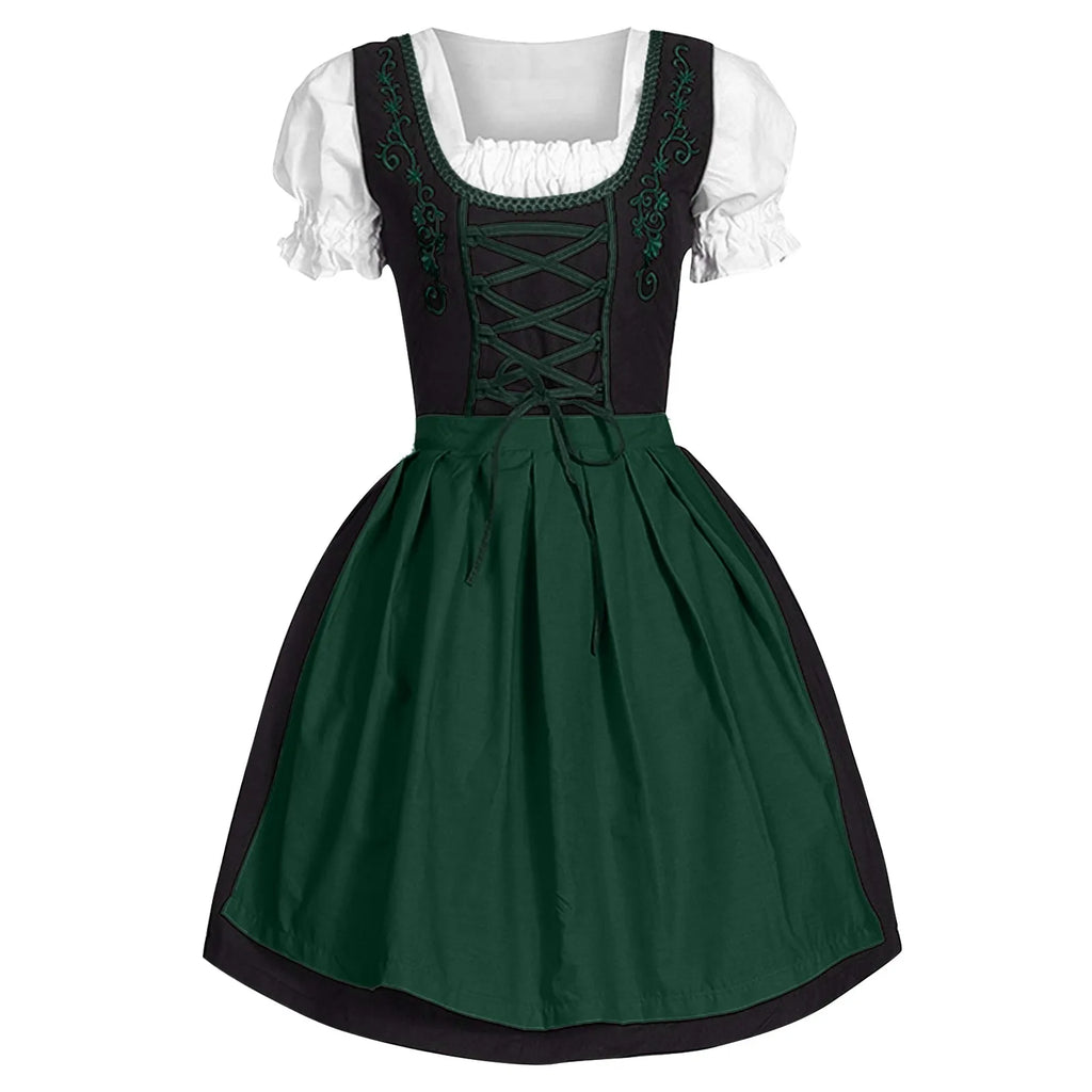 Traditional Bavarian-Inspired Dirndl Dress with Lace-Up Bodice and Puff Sleeves