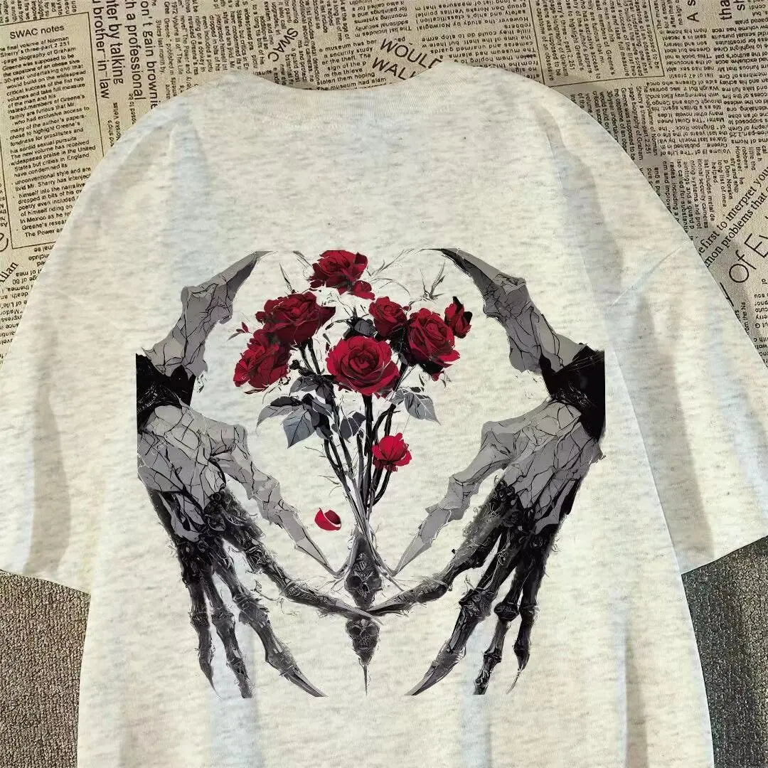 Vintage Skull Graphic Streetwear Cotton T-Shirt With Rose Artwork Design