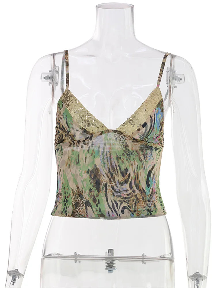 Leopard Print Sequin V-Neck Crop Top with Slim Streetwear Silhouette