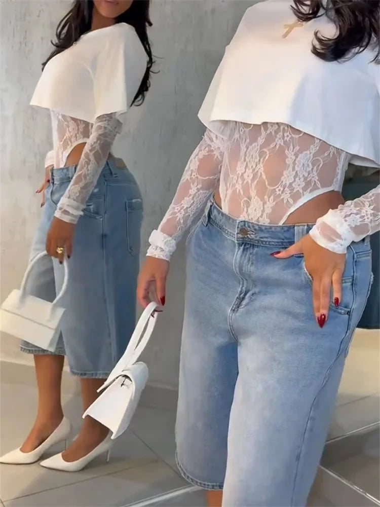 Layered Lace Sleeve Crop Top with Fitted Silhouette and Alternative Edge