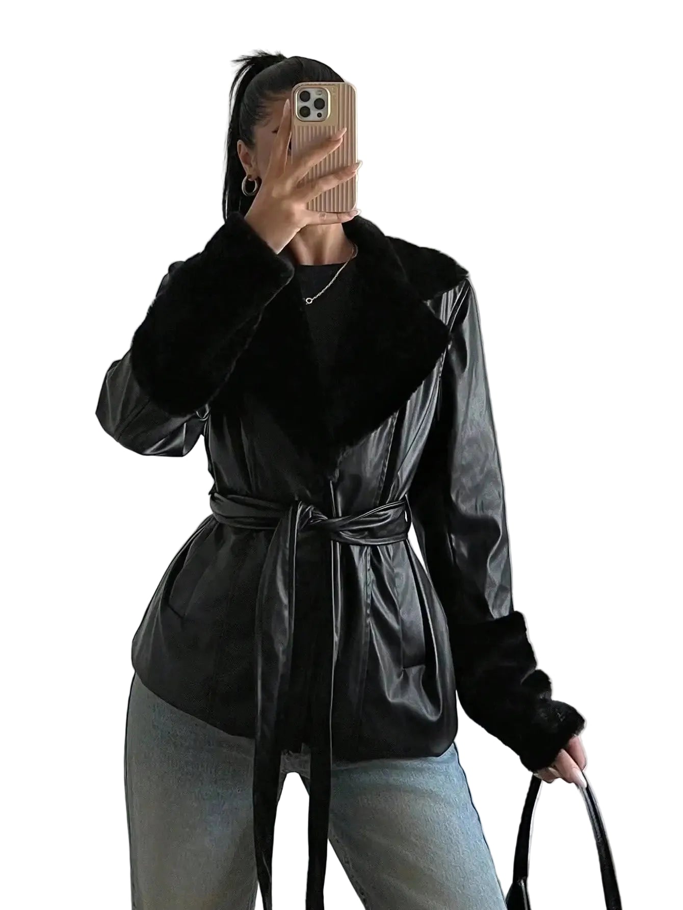 Belted Faux Leather Trim Wrap Jacket with Contemporary Streetwear Styling