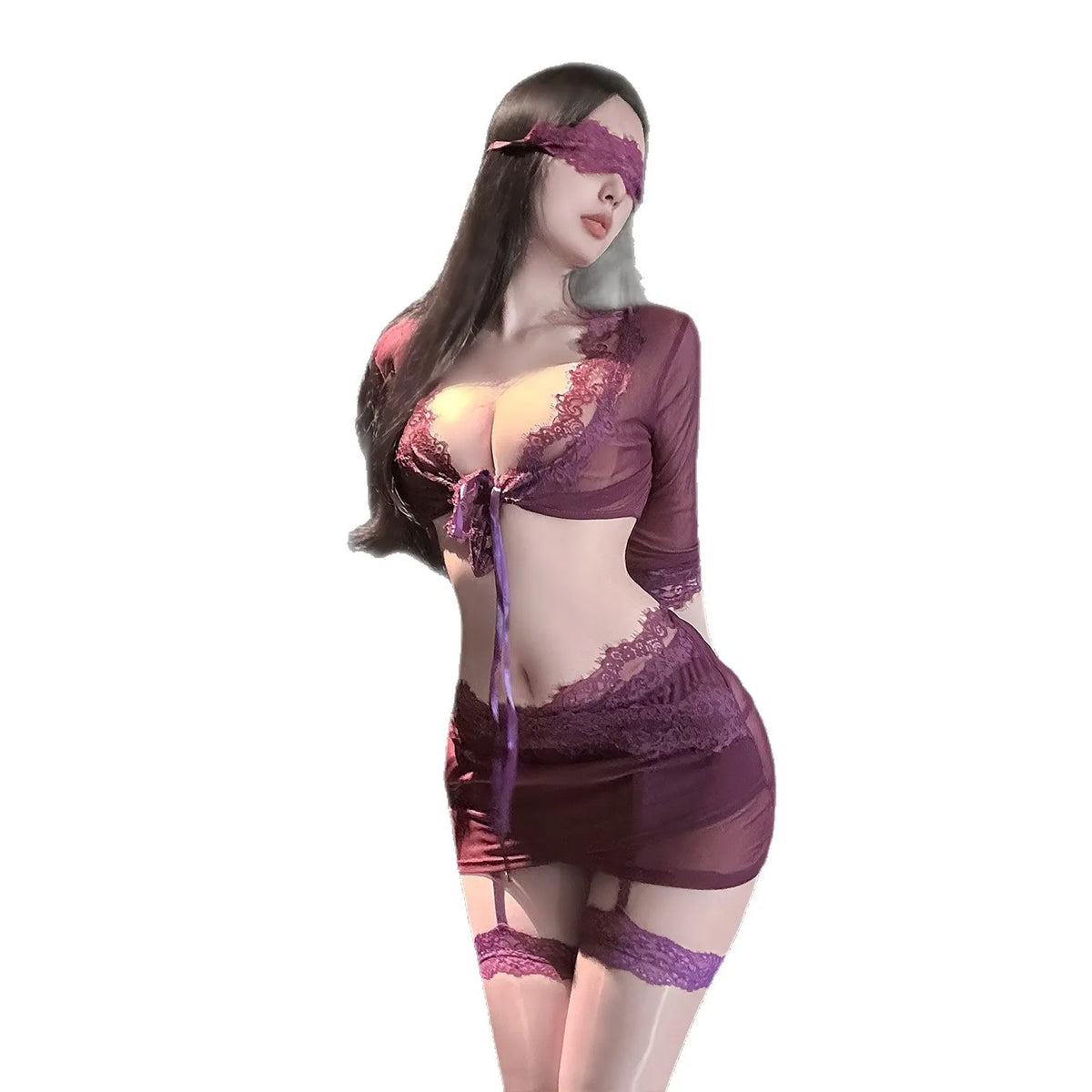 Sheer Plum Mesh and Lace Two-Piece Lingerie Set with Tie-Front Top and Attached Garters