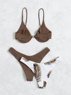 Three-Piece Underwire Bikini Set with Solid and Palm Print Bottom Options