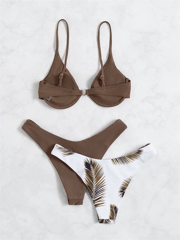 Three-Piece Underwire Bikini Set with Solid and Palm Print Bottom Options