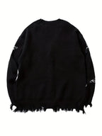 Men's Distressed Graphic Knit Cardigan Relaxed Fit Streetwear Sweater