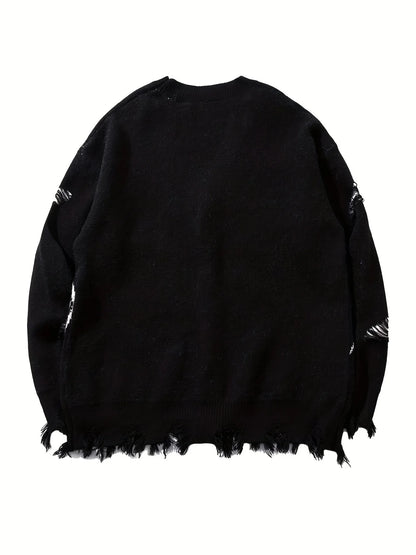 Men's Distressed Graphic Knit Cardigan Relaxed Fit Streetwear Sweater