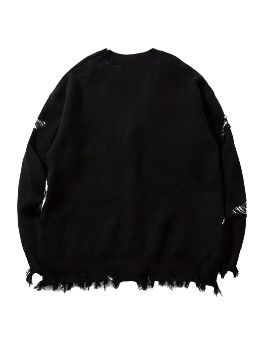 Men's Distressed Graphic Knit Cardigan Relaxed Fit Streetwear Sweater