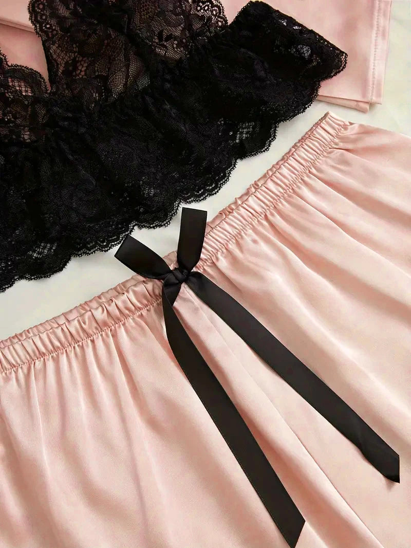 5-Piece Pink Satin-Style Sleepwear Collection with Striking Black Scalloped Lace Trim