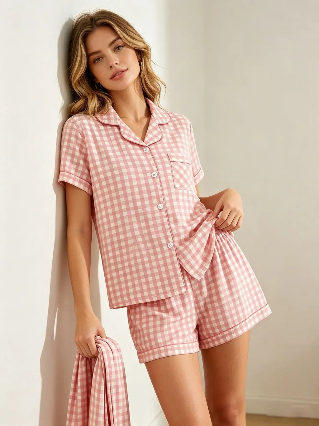 Three-Piece Cream Bow Print Pajama Lounge Set with Short-Sleeve Button-Down Top, Matching Shorts and Long Pants