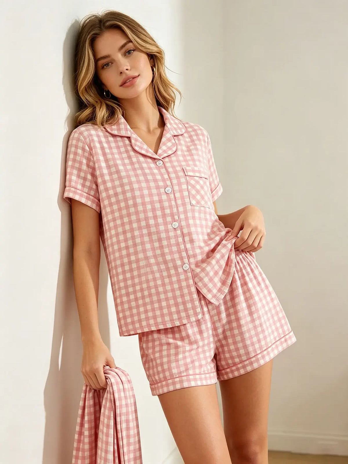 Three-Piece Cream Bow Print Pajama Lounge Set with Short-Sleeve Button-Down Top, Matching Shorts and Long Pants