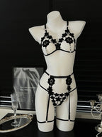 Vibrant Red Strappy Floral Appliqué Three-Piece Open Lingerie Set
