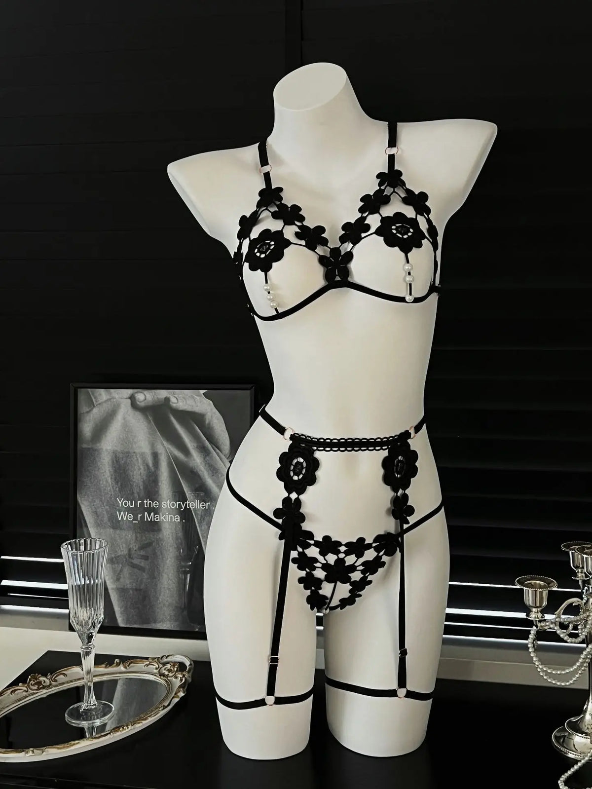 Vibrant Red Strappy Floral Appliqué Three-Piece Open Lingerie Set