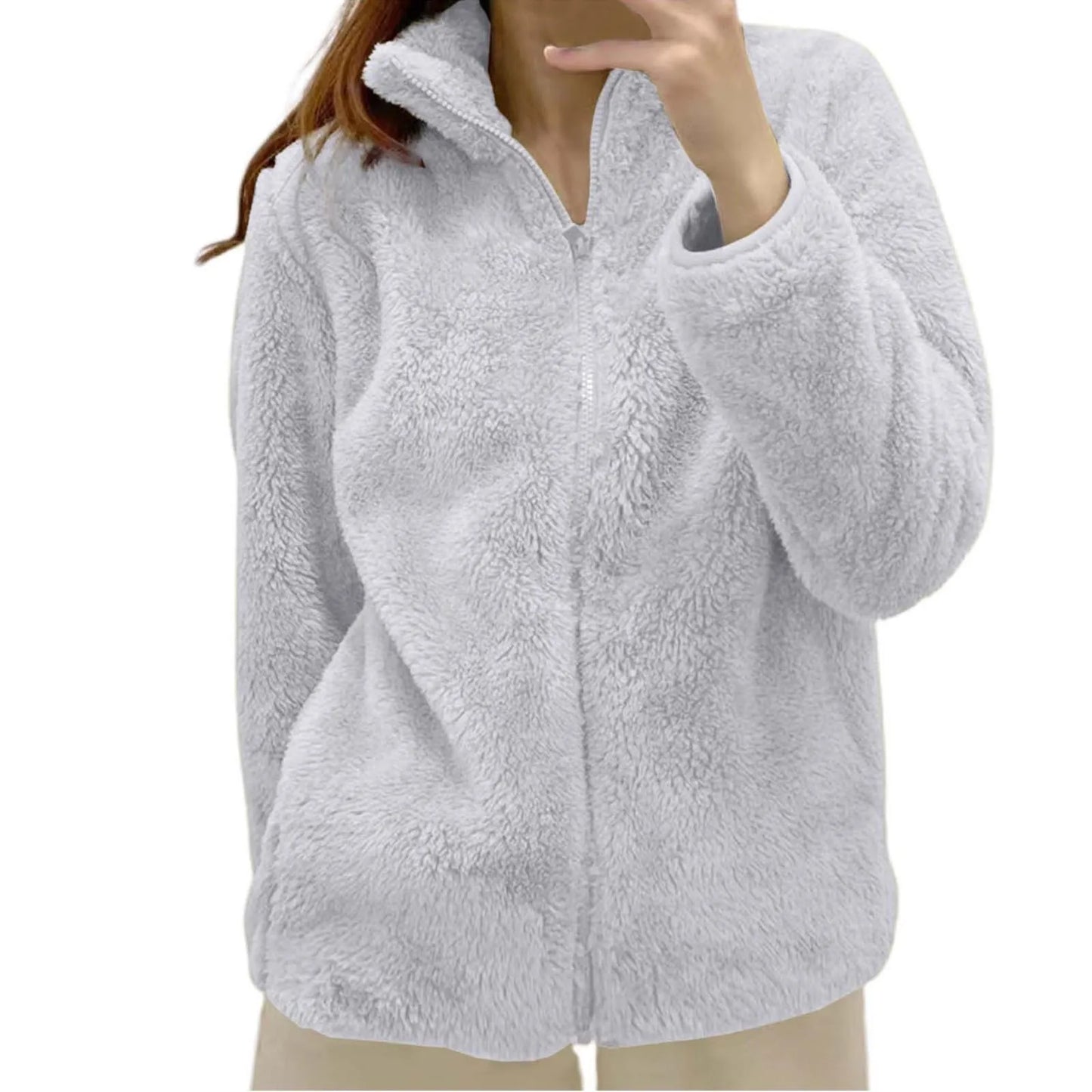 Women's Plush Polar Fleece Zip Jacket with Relaxed Everyday Streetwear Layering Fit