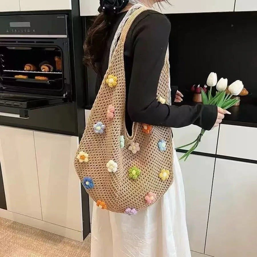 Open Knit Tote Shoulder Bag with Large Capacity Casual Design