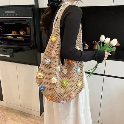 Open Knit Tote Shoulder Bag with Large Capacity Casual Design