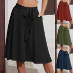 High Waist Lace-Up A-Line Midi Skirt with Pockets Casual Contemporary Everyday Style
