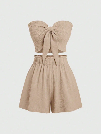 Front Knot Strapless Top and Shorts Summer Casual Co-Ord Set