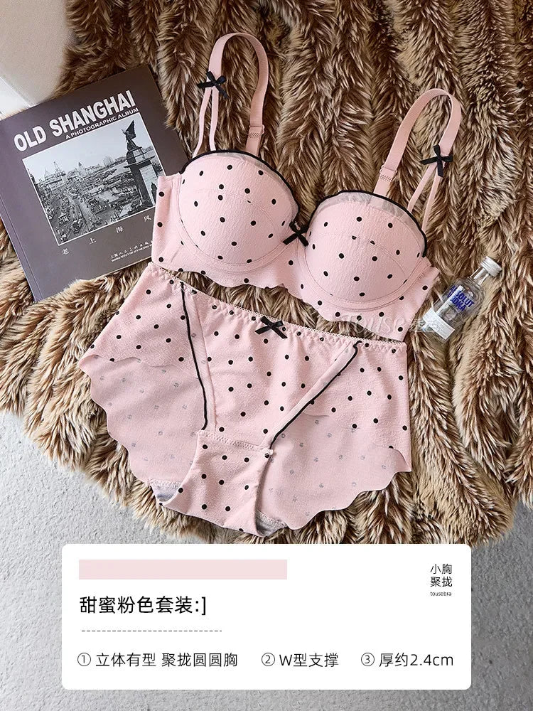 Graphic Dot Print Demi Bra and Matching Contrast-Trim Panty Set