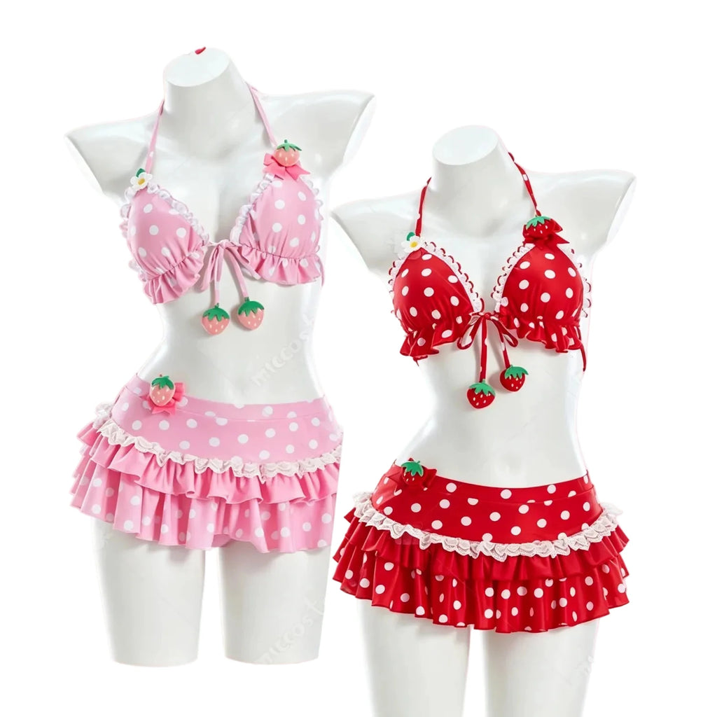 Women's Strawberry Print Polka Dot Bikini Set with Ruffled Details, Vintage-Inspired Two-Piece Swimwear and Cute Y2K Styling