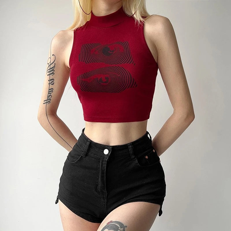 Women's High Neck Cropped Tank Top with Graphic Front Contemporary Streetwear Fashion Style