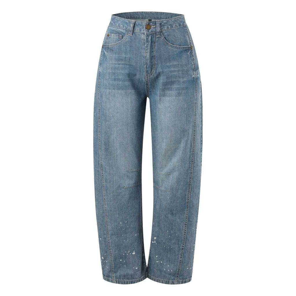 Women's Mid Rise Cropped Barrel Leg Stretch Denim Jeans with Relaxed Streetwear Fit