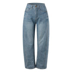 Women's Mid Rise Cropped Barrel Leg Stretch Denim Jeans with Relaxed Streetwear Fit