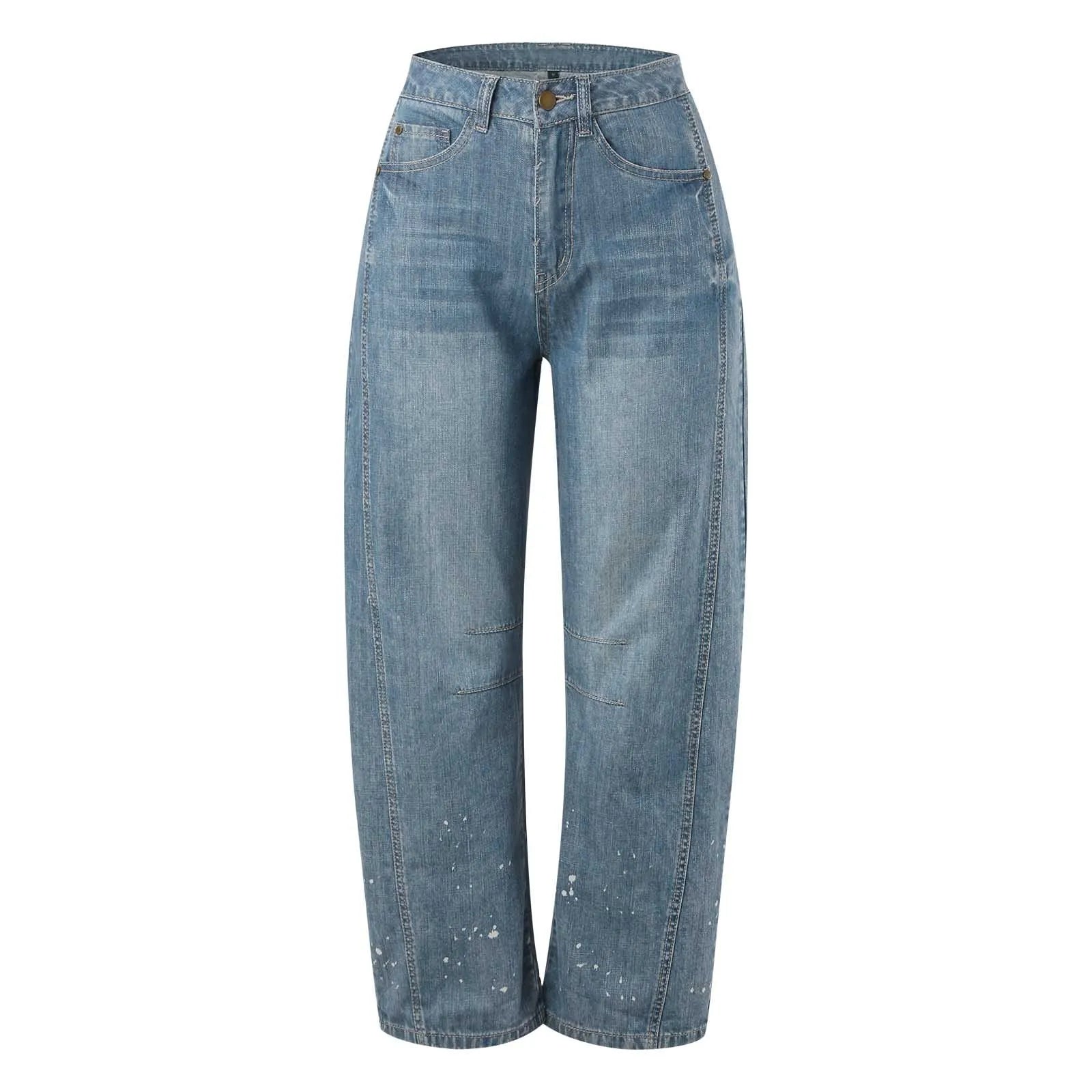 Women's Mid Rise Cropped Barrel Leg Stretch Denim Jeans with Relaxed Streetwear Fit