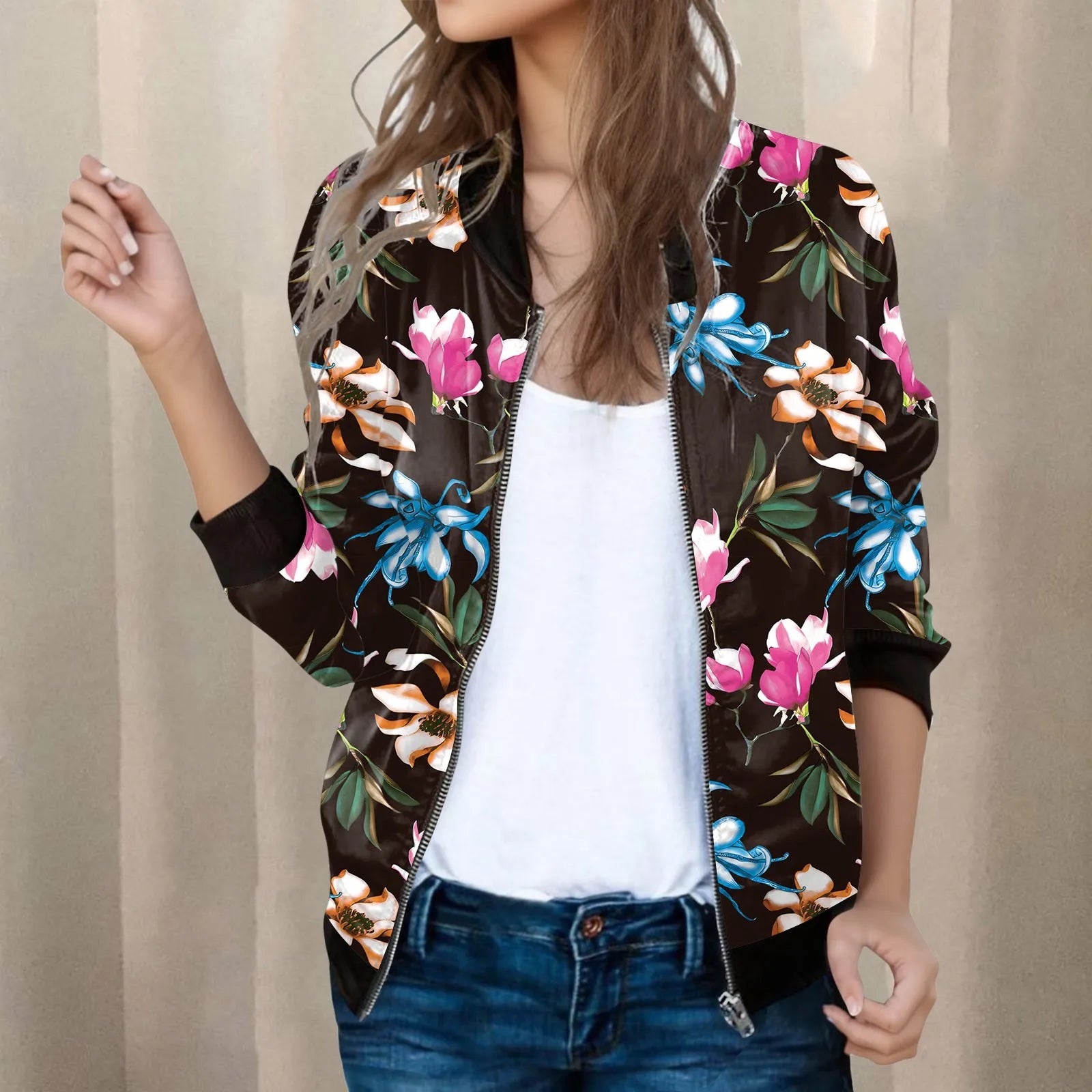 Vintage Inspired Patterned Bomber Jacket with Casual Streetwear Silhouette