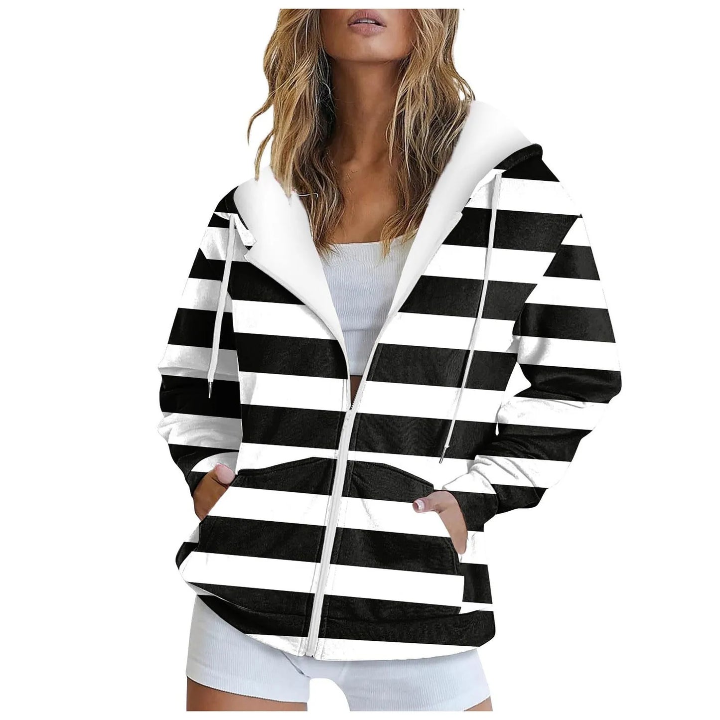 Classic Striped Zip-Up Hooded Sweatshirt with Relaxed Fit for Casual Everyday Streetwear