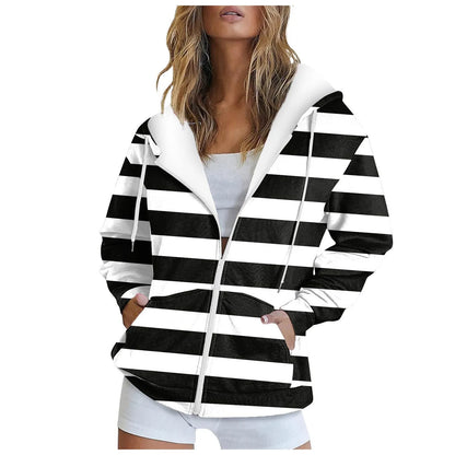 Classic Striped Zip-Up Hooded Sweatshirt with Relaxed Fit for Casual Everyday Streetwear