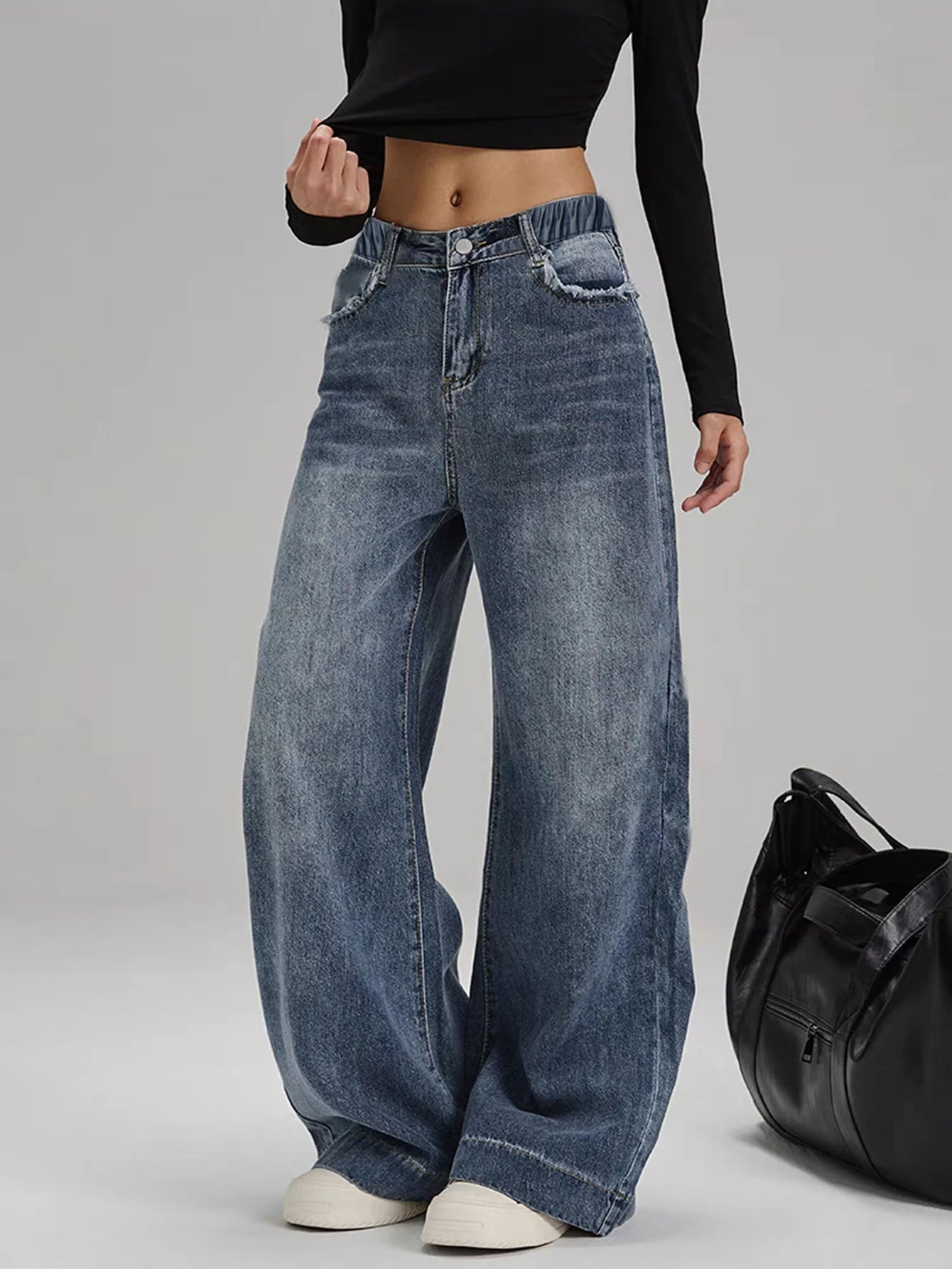 Women's Mid-Rise Loose Wide-Leg Straight Denim Jeans with Vintage Washed Everyday Casual Style