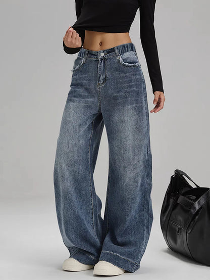 Women's Mid-Rise Loose Wide-Leg Straight Denim Jeans with Vintage Washed Everyday Casual Style