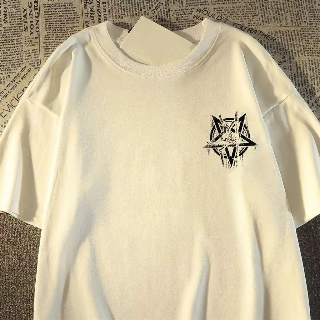 Oversized Geometric Star Graphic Cotton T-Shirt with Alternative Streetwear Design
