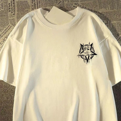 Oversized Geometric Star Graphic Cotton T-Shirt with Alternative Streetwear Design