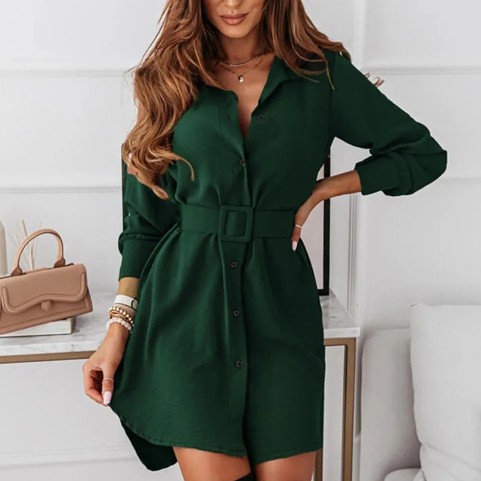 Long Sleeve Belted Shirt Mini Dress With Tailored Relaxed Fit Silhouette