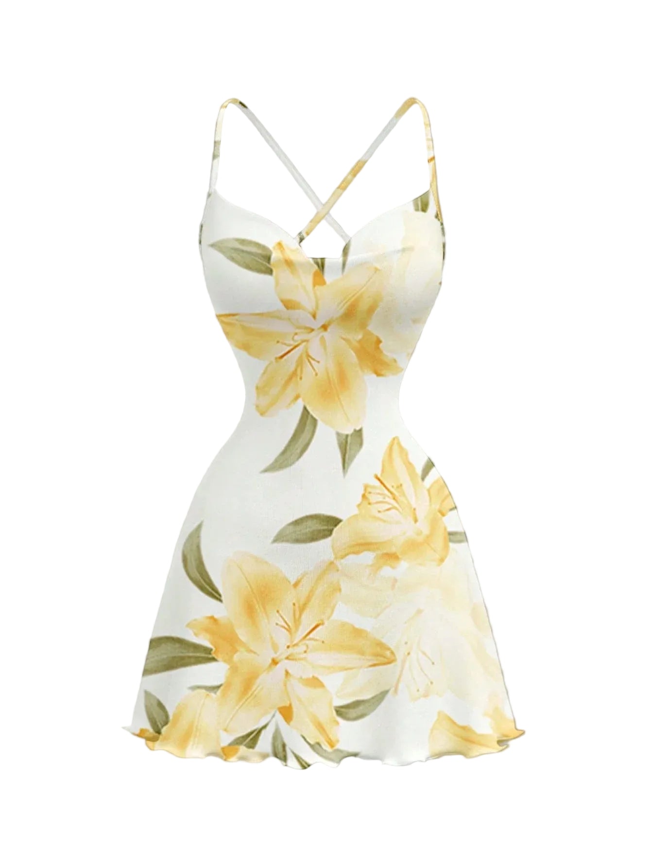 Floral Print Draped Camisole Mini Dress with Flowy A-Line Vacation Silhouette