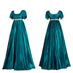Vintage-Inspired Satin Maxi Dress with Puff Sleeves and Empire Waist