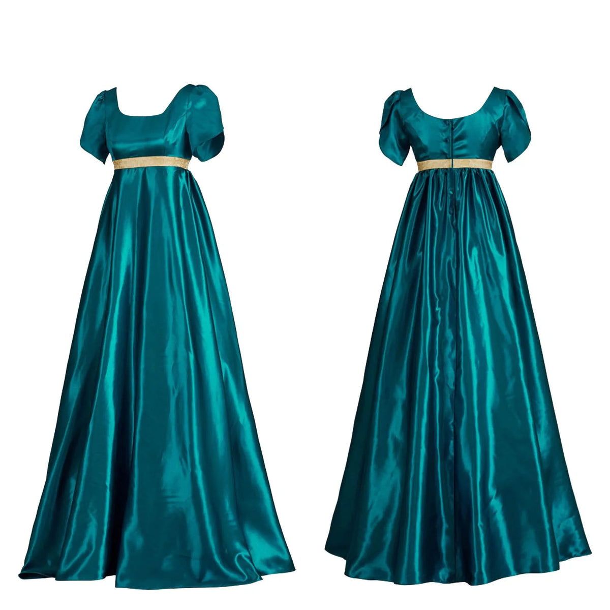 Vintage-Inspired Satin Maxi Dress with Puff Sleeves and Empire Waist