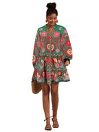 Bohemian Floral Print Lantern Sleeve Smock Mini Dress With Relaxed A-Line Silhouette