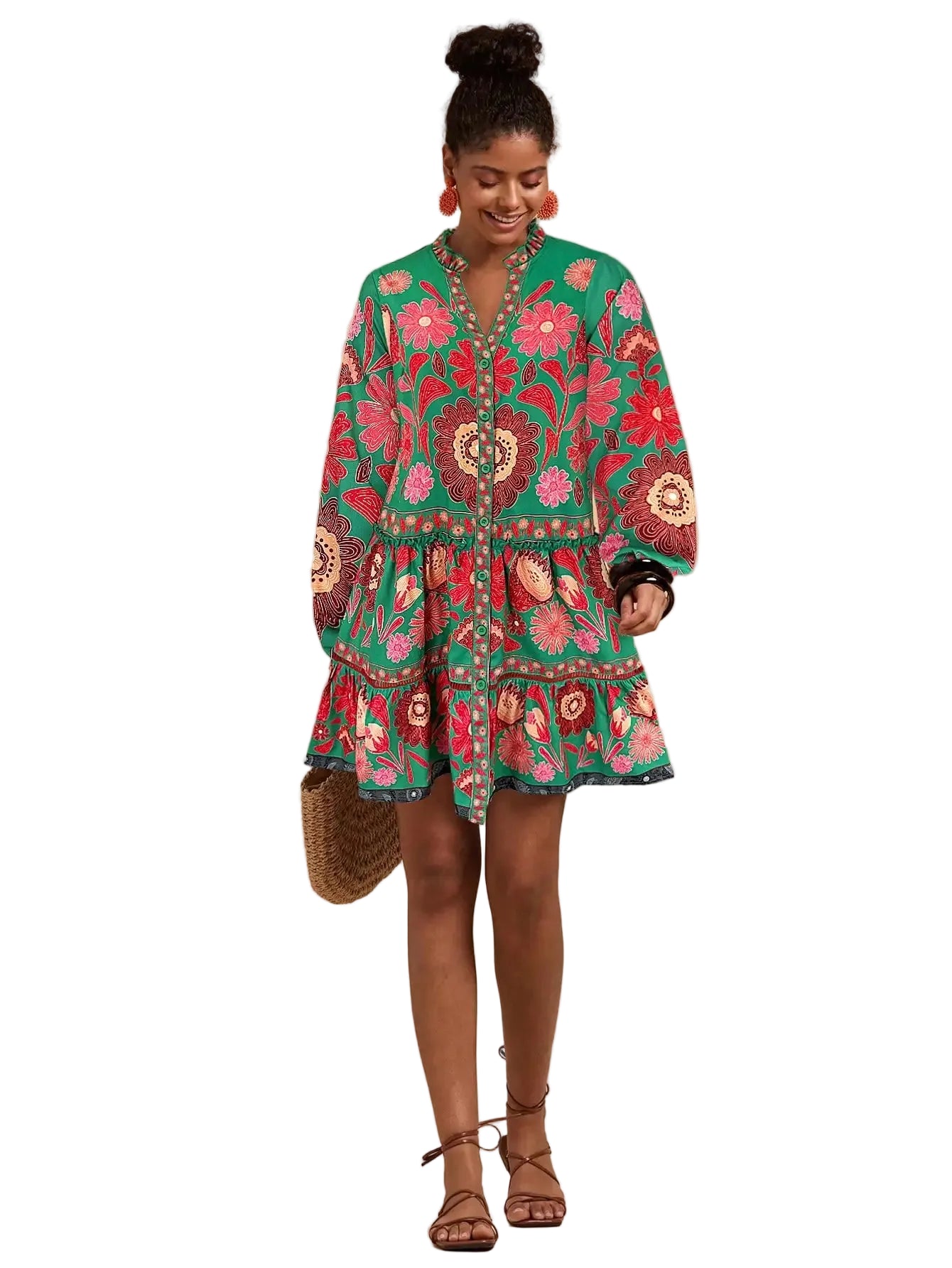 Bohemian Floral Print Lantern Sleeve Smock Mini Dress With Relaxed A-Line Silhouette
