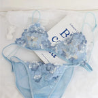 Ethereal Sheer Floral Embroidered Triangle Bralette and Matching Low-Rise Thong Set