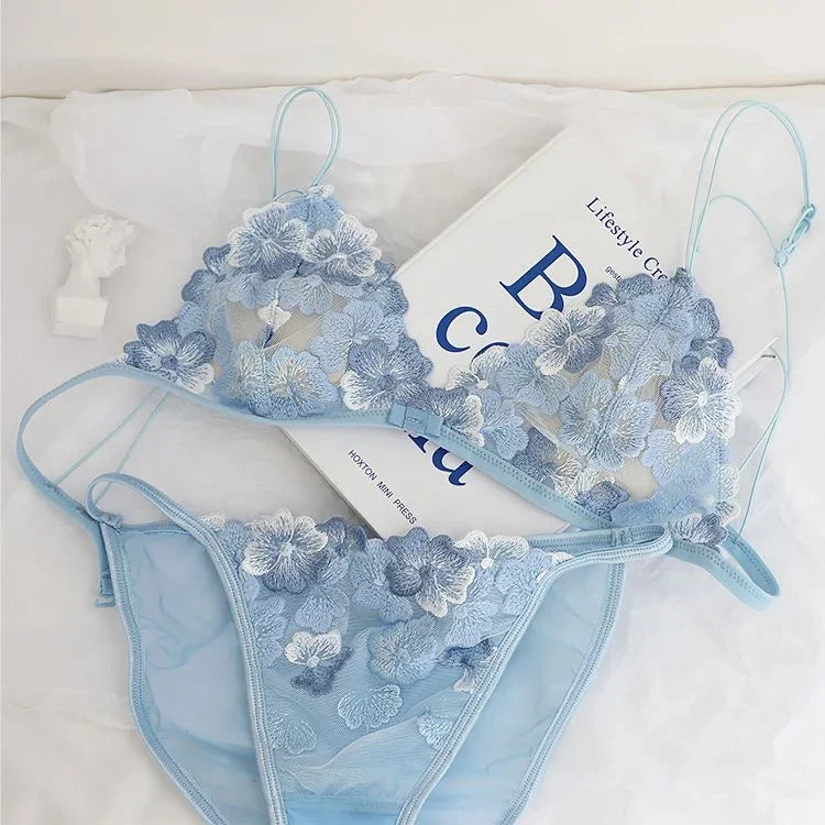 Ethereal Sheer Floral Embroidered Triangle Bralette and Matching Low-Rise Thong Set